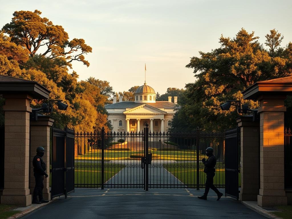 A high-security compound with a fortified gatehouse, armed guards, and surveillance cameras. In the middle ground, a stately, neo-classical residence with a prominent central dome, surrounded by manicured lawns and ornate fencing. The background features lush, mature trees providing a sense of privacy and seclusion. The scene is bathed in warm, golden-hour lighting, conveying an atmosphere of quiet, discreet elegance and impenetrable protection.