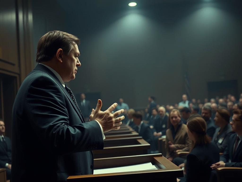 A high-stakes courtroom scene, dimly lit with a somber, serious atmosphere. In the foreground, a stern-faced defense attorney stands at the podium, gesturing emphatically as they deliver a passionate closing argument. Behind them, the defendant sits stoically, their expression a mask of carefully controlled emotion. In the middle ground, rows of spectators watch intently, their faces etched with a mix of anticipation and concern. The background is hazy, with the judge's bench and court officials faintly visible, casting an air of authority and gravity over the proceedings. Dramatic chiaroscuro lighting casts dramatic shadows, heightening the tension and gravity of the moment.