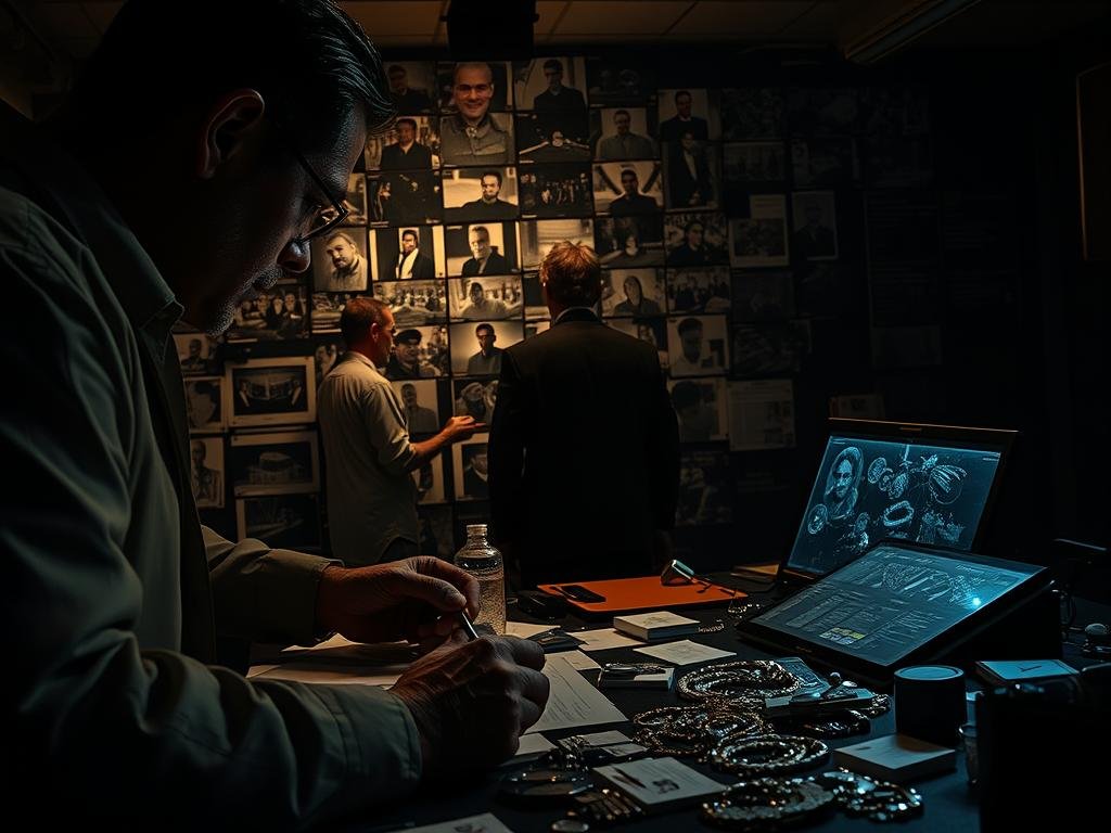 A high-stakes crime scene investigation, centered on a sprawling network of burglaries targeting the lavish homes of prominent sports stars. In the foreground, a detective examines meticulously gathered evidence, piecing together the intricate connections. In the middle ground, a wall of surveillance footage and crime scene photos, revealing a trail of clues. In the background, the glittering lights of the Diamond District, a potential hub for the illicit operations. Dramatic chiaroscuro lighting casts deep shadows, evoking the tension and urgency of the case. The mood is one of intensity and purpose, as the investigators work tirelessly to unravel the complex web of headline-grabbing crimes.