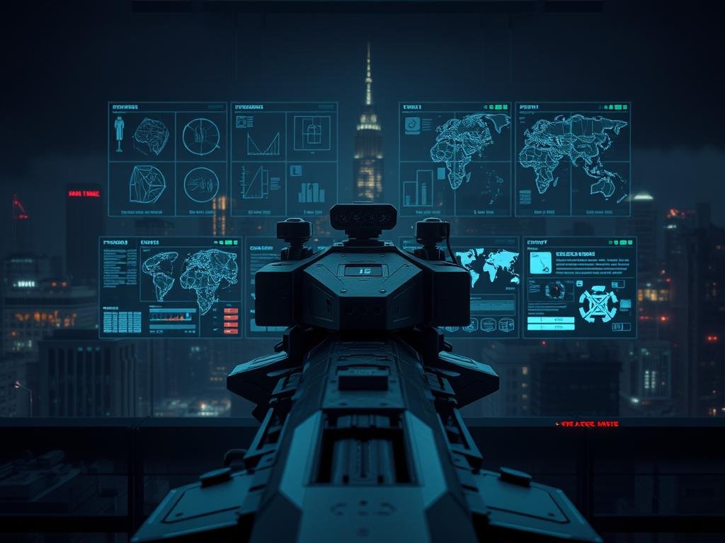 A high-tech, complex array of specialized weaponry and surveillance technology, shrouded in an ominous atmosphere. In the foreground, an advanced targeting system with precision optics, sensors, and a sleek, angular design. Behind it, a grid of holographic displays showcasing detailed schematics, data readouts, and satellite imagery. In the background, a dark, foreboding cityscape with towering skyscrapers and a faint glow of ominous lights, creating a sense of unease and the feeling of being under constant surveillance. The scene conveys the power, sophistication, and potential danger of the weapon method and technology related to the incident.