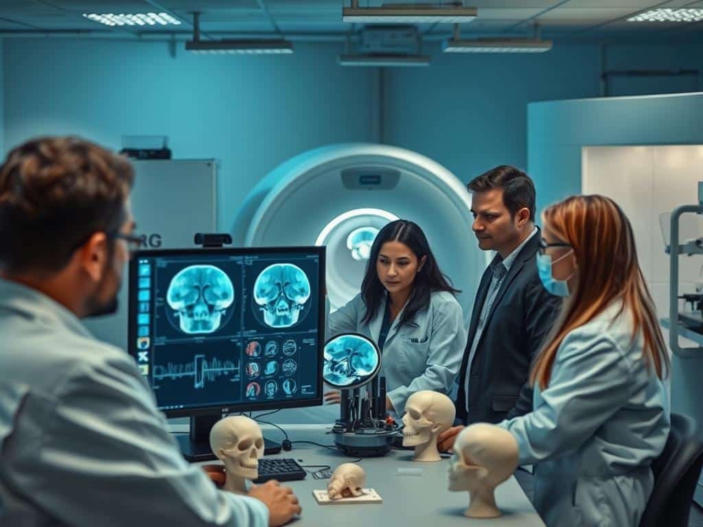 A high-tech forensic laboratory scene. In the foreground, a diverse team of forensic specialists, dressed in professional lab attire, closely examines a computer screen displaying detailed CT scans of a human skull. The middle ground features advanced forensic tools like 3D printers, digital imaging equipment, and anatomical models, suggesting a thorough investigation process. In the background, a state-of-the-art CT scanner is illuminated with soft, focused lighting, highlighting its sleek design. The overall atmosphere is serious and scientific, with a cool color palette of blues and grays enhancing the mood of precision and expertise. The composition is captured with a slightly angled perspective, emphasizing the professionals at work while maintaining clarity and depth across the scene.