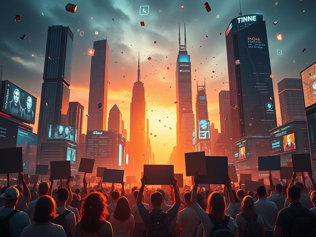 A high-tech, futuristic cityscape with skyscrapers and holograms, representing the dominance of social media and tech companies. In the foreground, a group of concerned citizens holding protest signs, conveying the need for greater accountability and transparency from these powerful platforms. The scene is illuminated by a warm, golden light, creating an atmosphere of tension and urgency. A swarm of data particles and digital interfaces fills the air, symbolizing the pervasive influence of technology on our lives. The image evokes the complex and multifaceted relationship between society, social media, and the call for responsible technology governance.