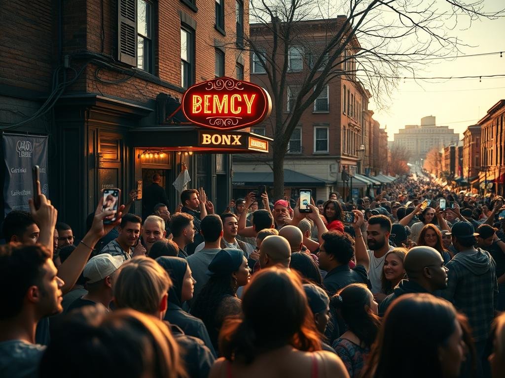 A lively community reception in the Bronx, with excited fans and neighbors gathered around a local music venue. In the foreground, a crowd of diverse individuals cheerfully interacts, some holding up phones to capture the moment. The middle ground showcases the facade of a vibrant, neon-lit venue, its signage casting a warm glow across the scene. In the background, a bustling urban landscape unfolds, complete with brownstone buildings and a sense of neighborhood energy. Warm, natural lighting illuminates the overall atmosphere, conveying a celebratory and welcoming vibe. A vibrant, immersive depiction of a community embracing its local talent and culture.