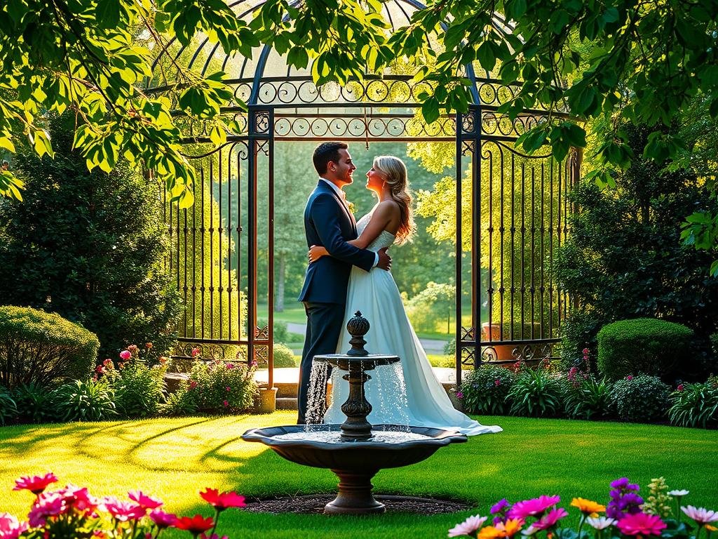 A lush, verdant garden with a wrought-iron gazebo in the background. Tiffany Trump and Michael Boulos stand at the center, gazing lovingly at each other as they embrace. Tiffany's elegant white dress flows in the gentle breeze, while Michael's tailored suit complements her effortlessly. Warm, golden sunlight filters through the leaves, casting a romantic glow on the scene. In the foreground, a small, ornate fountain bubbles softly, and colorful flowers in shades of pink, purple, and yellow dot the well-manicured lawn, hinting at the growth and prosperity of the next branch of the Trump family dynasty.
