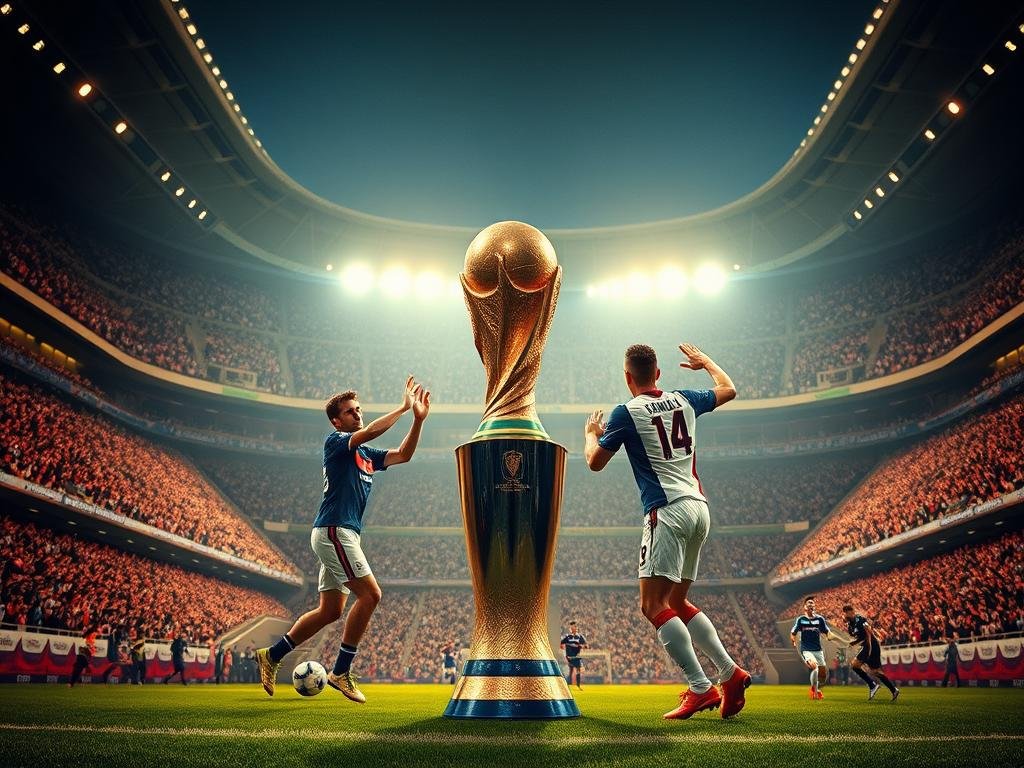 A magnificent stadium, the lights dimmed, casting a warm glow over the pitch. In the foreground, two majestic trophies stand tall, symbolizing the FIFA World Cup victories of Germany and Italy, the undisputed four-time champions. Players in their iconic jerseys, locked in a fierce but graceful battle, their movements frozen in time, capture the essence of the game. The background is a tapestry of cheering fans, their faces alight with the passion and pride of supporting their nations. The scene exudes a sense of history, legacy, and the relentless pursuit of glory that has defined these two soccer powerhouses.
