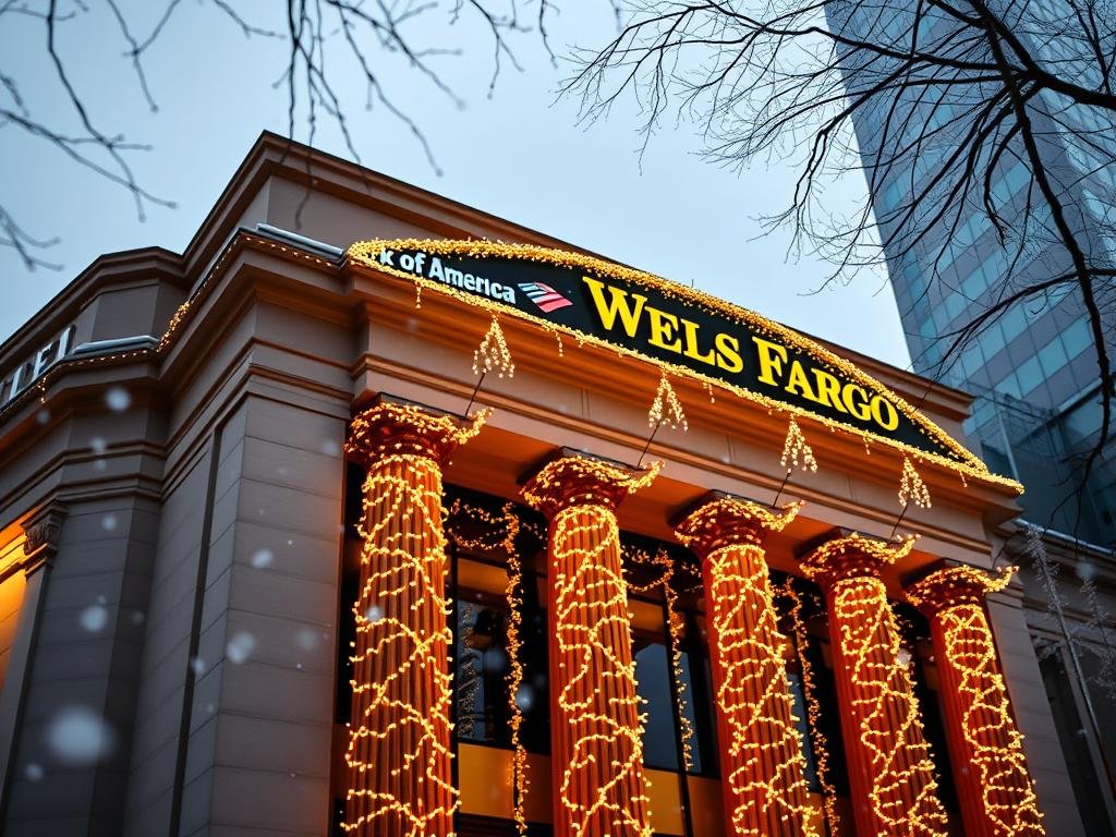 A majestic bank building with the Bank of America logo and Wells Fargo signage, adorned with festive holiday lights and decorations. The facade is bathed in a warm, golden glow, contrasted by a crisp, winter sky in the background. Intricate patterns of twinkling fairy lights cascade down the building, creating a mesmerizing and cheerful display. In the foreground, snowflakes gently drift through the air, adding to the cozy, seasonal atmosphere. The image conveys a sense of holiday spirit and the importance of these financial institutions during the celebratory period.