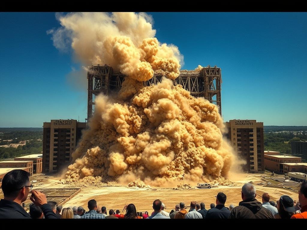 A massive Sheraton Hotel crumbling to the ground in a 30-second implosion, captured from multiple angles. Plumes of dust and debris billow outward as the structure collapses in on itself, steel beams and concrete cascading down in a dramatic, choreographed demolition. The sky is clear, sunlight casting dramatic shadows as the hotel vanishes. In the foreground, onlookers watch intently, their expressions a mix of awe and melancholy. The mid-ground features the hotel's now-empty footprint, while the background shows the surrounding Mahwah landscape. The scene is rendered with cinematic clarity, every detail sharply in focus.