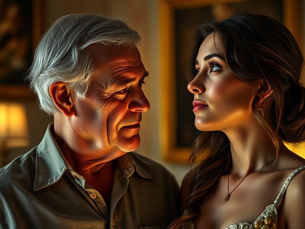 A mature, distinguished older man and a youthful, vibrant young woman stand side by side in an elegantly furnished room. Soft, warm lighting illuminates their faces, creating an intimate, introspective mood. The man gazes down at the woman with a mixture of affection and curiosity, while she looks up at him with a subtle, enigmatic expression. The scene suggests a complex, emotionally charged relationship, where the significant age gap is both a source of fascination and potential tension. The background is slightly blurred, drawing the viewer's focus to the central figures and the nuanced interplay between them.