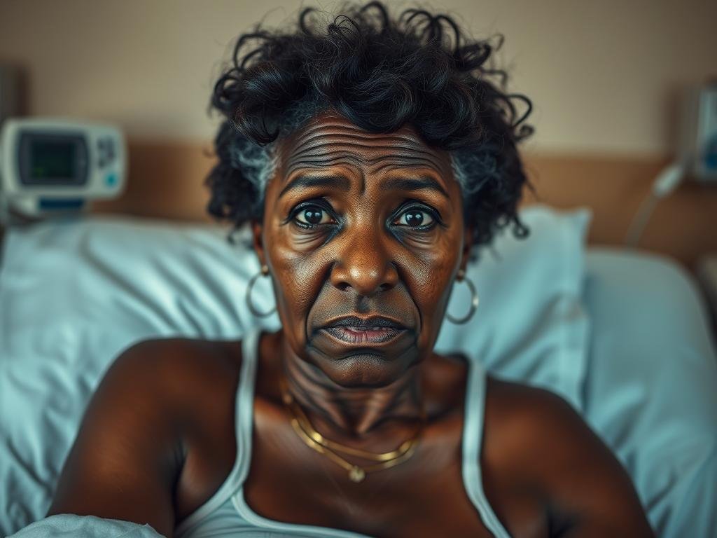 A middle-aged African American woman with a concerned expression, sitting in a hospital bed, surrounded by medical equipment. The lighting is soft and warm, creating a somber atmosphere. The background is blurred, drawing focus to the subject's face and upper body. The woman's skin appears slightly weathered, reflecting her age and experiences. The angle is slightly elevated, creating a sense of vulnerability and openness. The overall composition evokes a sense of uncertainty and concern, as if the viewer is privy to a personal moment in the subject's recovery.