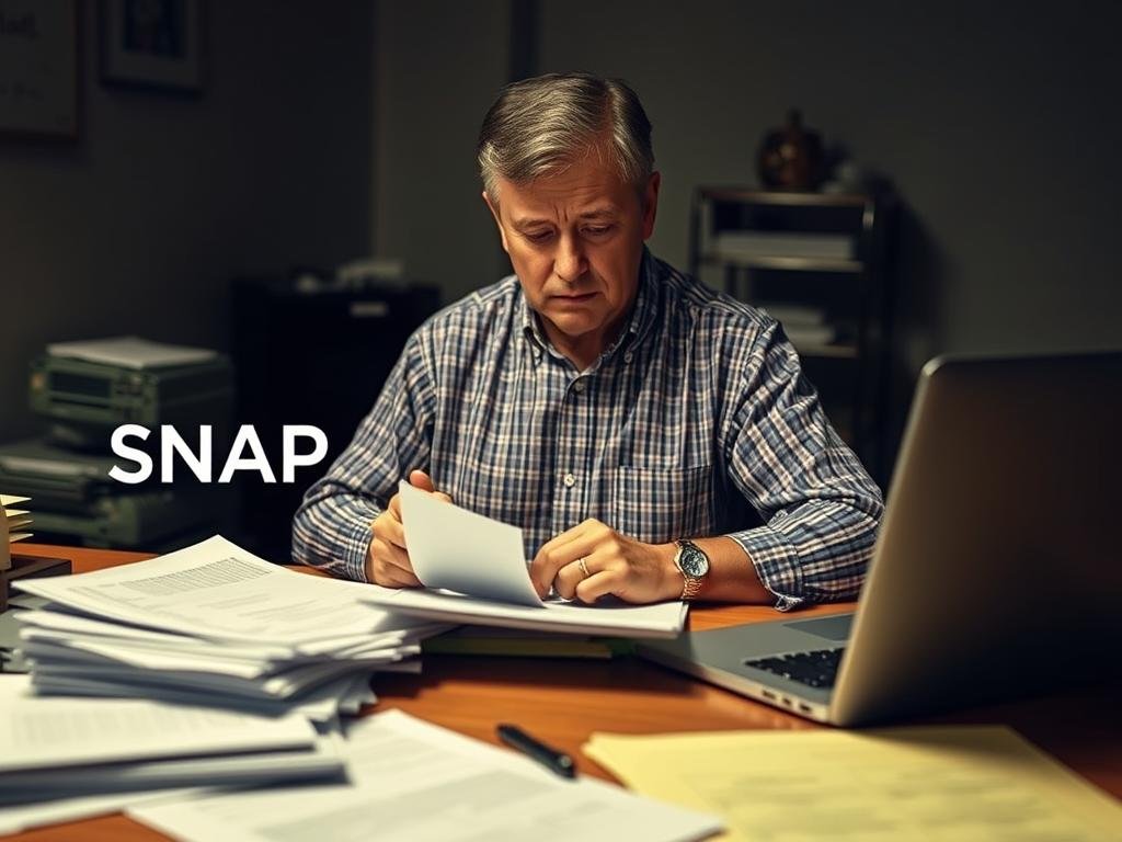 A middle-aged person sitting at a desk, filling out paperwork and documents related to SNAP (Supplemental Nutrition Assistance Program) recertification. The desk is cluttered with stacks of papers, a laptop, and a pen. The person has a focused, concerned expression on their face, as they navigate the process during the COVID-19 shutdown. The office setting is dimly lit, with a warm, muted color palette, conveying a sense of frustration and the challenges of the situation. The background is blurred, emphasizing the task at hand. The composition is balanced, with the person's figure taking up a significant portion of the frame, highlighting the centrality of the SNAP recertification process.