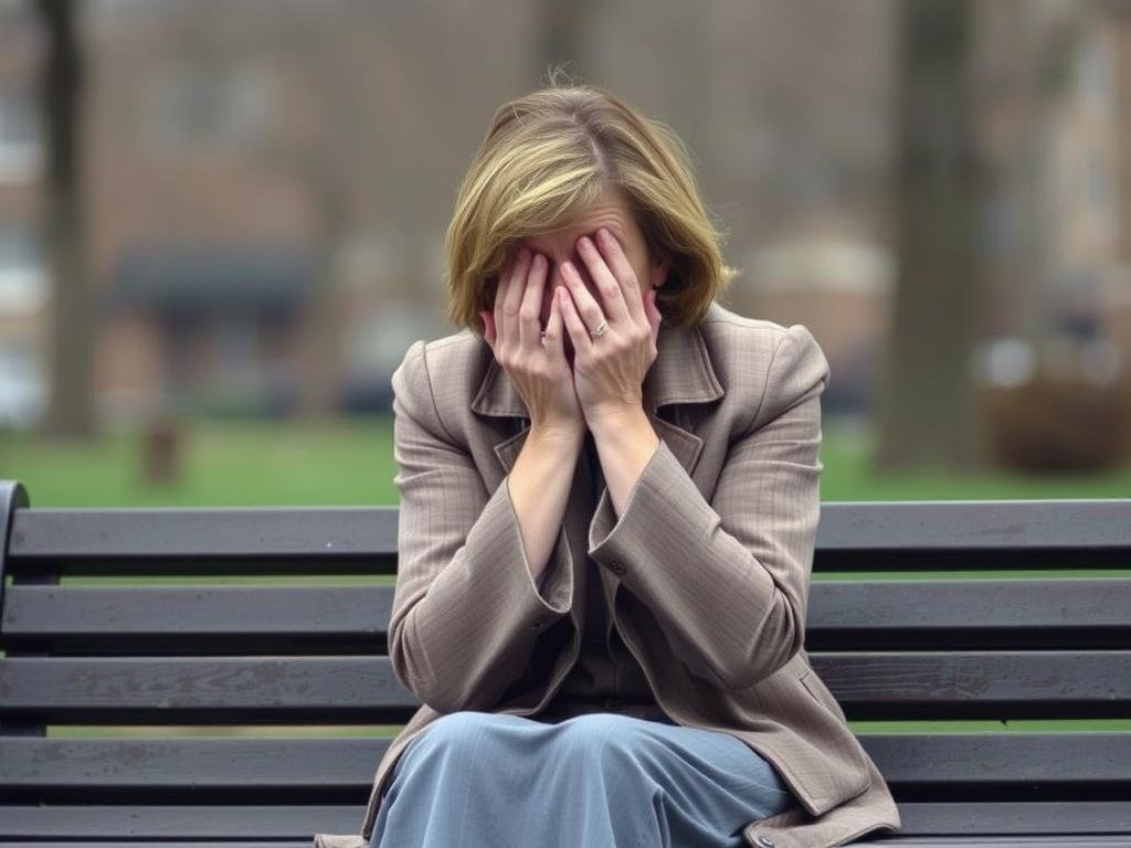 A middle-aged woman sitting alone on a park bench, her face partially obscured by her hands. The background is blurred, conveying a sense of isolation and distress. The lighting is soft and muted, casting a somber mood. The woman's posture and body language suggest a heavy burden, reflecting the weight of the public scrutiny and legal exposure she has faced as the wife of Bernie Madoff, the infamous Ponzi scheme mastermind. The scene evokes a sense of the profound personal toll and social stigma she has endured in the aftermath of her husband's crimes.
