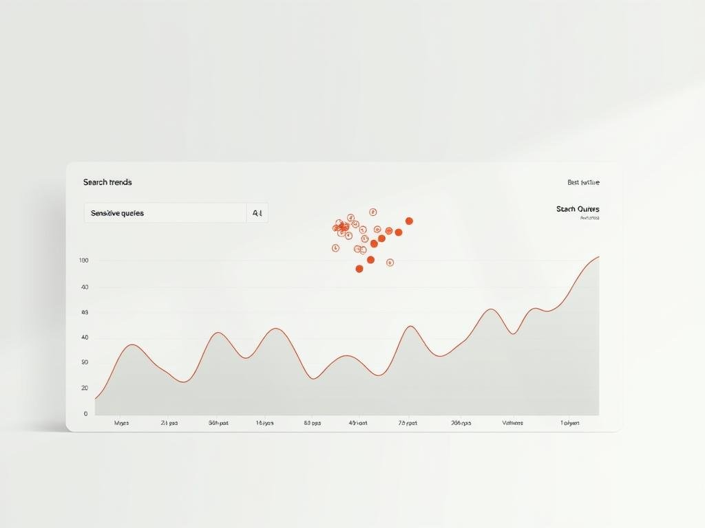 A modern, minimalist data visualization dashboard with clean lines and a neutral color palette. In the foreground, a line graph displays search trends for various topics, with highlighted spikes indicating heightened public interest. The middle ground features a scatter plot of sensitive queries, sized by volume and color-coded by sentiment. In the background, an abstract geometric pattern representing safe content practices, with subtle icons denoting guidelines and best practices. Soft, directional lighting creates depth and emphasizes the sleek, professional aesthetic. The overall composition conveys an analytical, data-driven approach to understanding online behavior and managing digital content. A modern, minimalist data visualization dashboard with clean lines and a neutral color palette. In the foreground, a line graph displays search trends for various topics, with highlighted spikes indicating heightened public interest. The middle ground features a scatter plot of sensitive queries, sized by volume and color-coded by sentiment. In the background, an abstract geometric pattern representing safe content practices, with subtle icons denoting guidelines and best practices. Soft, directional lighting creates depth and emphasizes the sleek, professional aesthetic. The overall composition conveys an analytical, data-driven approach to understanding online behavior and managing digital content.