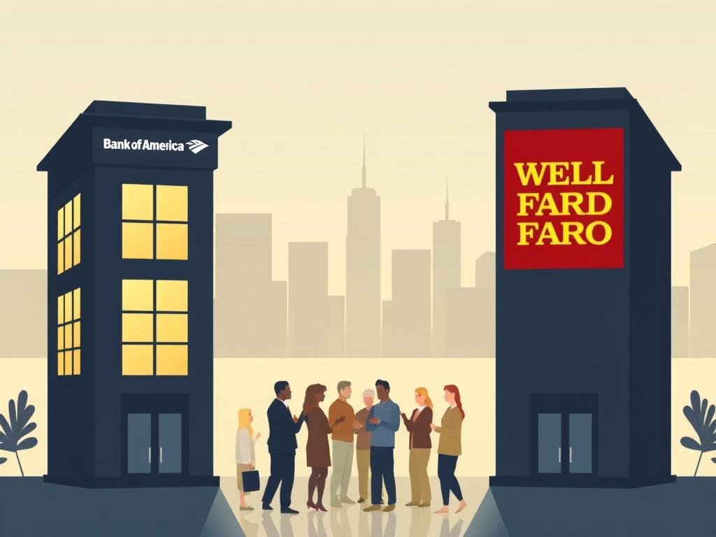 A modern, minimalist illustration depicting helpful tips for Bank of America and Wells Fargo customers during a one-day service shutdown. In the foreground, two silhouetted bank buildings stand side by side, their windows illuminated by soft, warm lighting. In the middle ground, a group of diverse people are gathered, gesturing and discussing various banking activities. The background features a clean, geometric cityscape with a subtle gradient sky. The overall mood is one of calm, informative guidance, with a focus on customer service and problem-solving during the temporary service disruption.
