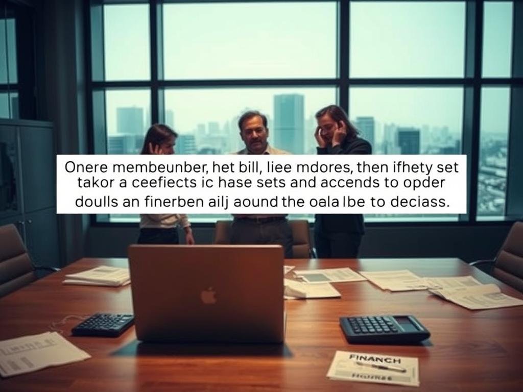 A modern office setting, with a large desk in the foreground featuring a laptop, calculator, and scattered documents. In the middle ground, a group of distressed individuals discussing financial paperwork and schedules, their expressions conveying concern. The background features a window with a cityscape outside, the lighting casting a somber, muted tone. The overall scene evokes a sense of uncertainty and disruption during a corporate restructuring process, with the impact on members' billing, hours, and access at the forefront.