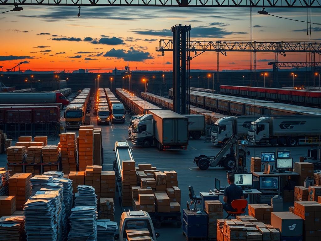 A modern shipping depot at dusk, bathed in warm lighting. In the foreground, stacks of cardboard boxes and envelopes, conveyor belts transporting packages, and workers diligently sorting mail. In the middle ground, large industrial shelving units, scales, and computer terminals where shippers monitor shipping updates. The background features the silhouettes of trucks and trains, hinting at the complex logistics of the mailing network. The overall mood is one of efficiency, interconnectedness, and the dynamic nature of shipping in the digital age.
