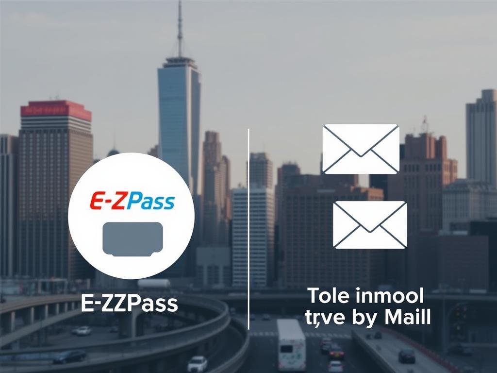 A modern urban cityscape with the iconic skyline of New York City in the background. In the foreground, a clean, minimalist graphic design showcases two payment options for the congestion pricing system - an E-ZPass transponder and a Tolls by Mail envelope. The E-ZPass icon is displayed prominently, with a subtle yet informative animation demonstrating its seamless integration into the traffic flow. The Tolls by Mail envelope is presented alongside, highlighting the alternative for drivers without an E-ZPass. The overall design is sleek, informative, and visually striking, capturing the efficiency and technological sophistication of the NYC congestion pricing scheme.
