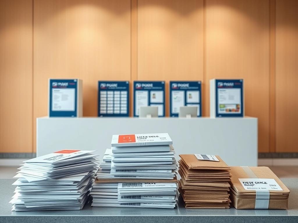 A neatly organized display of various postal-related price updates against a crisp, clean background. In the foreground, a stack of envelopes, packages, and other mail items, each with a price tag indicating the latest changes. The middle ground showcases a modern, minimalist post office counter with an elegant signage system. In the background, a warm, neutral-toned wall serves as a backdrop, lending a sense of professionalism and authority to the scene. Soft, directional lighting emphasizes the details and creates a sense of depth, while a slightly angled camera perspective adds visual interest and dynamism to the composition.