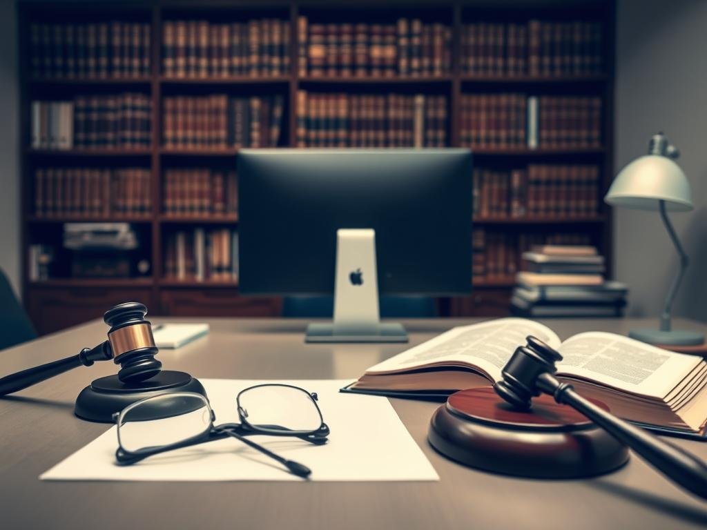 A neatly organized office space with a large desk, a desktop computer, and a stack of legal documents. In the foreground, a gavel and a pair of reading glasses sit on the desk, symbolizing the legal process. The middle ground features an open law book and a magnifying glass, suggesting the careful examination of evidence. In the background, a bookshelf filled with legal volumes casts a warm, authoritative glow over the scene. The lighting is soft and indirect, creating a contemplative, thoughtful atmosphere. The camera angle is slightly elevated, giving the viewer a sense of the weight and importance of the subject matter.