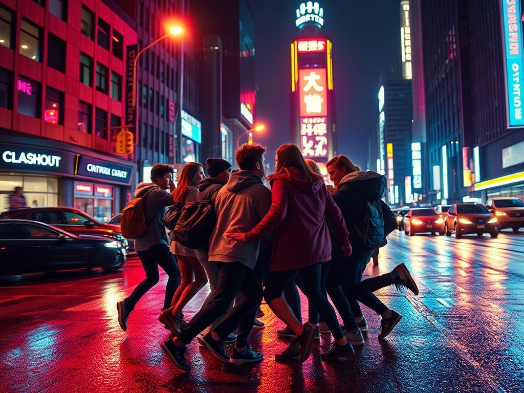 A neon-lit city street at night, rain-slicked asphalt glistening under flickering streetlights. In the foreground, a group of teenagers huddled together, expressions intense, hands gesturing wildly as they exchange a rapid-fire volley of slang - "Crashout, man, I'm totally crashed out after that party last night." A blur of movement as they dart across the road, narrowly avoiding oncoming traffic. In the background, a towering urban landscape, skyscrapers and neon signs casting a moody glow over the scene. Cinematic, high-contrast lighting emphasizes the energy and urgency of the moment, capturing the essence of "crashout" slang in a visually striking image.