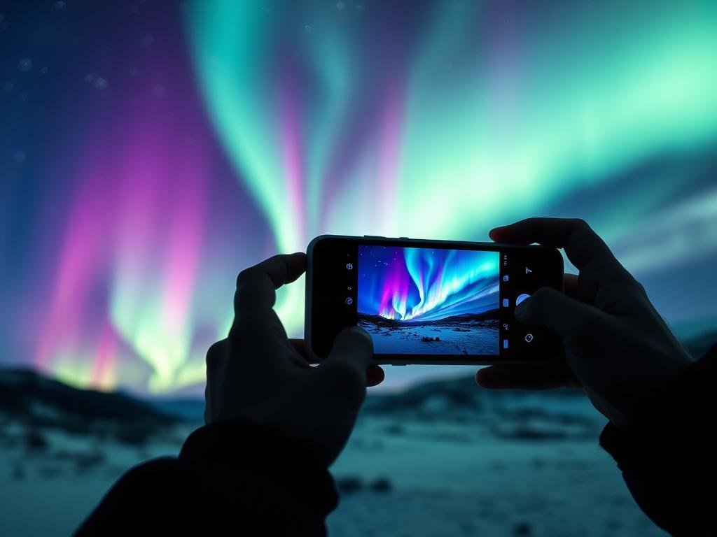A night sky filled with the mesmerizing dance of the northern lights, their vibrant colors illuminating the landscape. In the foreground, a person standing with their phone, its camera lens capturing the ethereal display. The scene is bathed in a soft, cool glow, with subtle shadows and highlights accentuating the details. The phone's screen is visible, showing the live feed of the aurora borealis, allowing the user to frame the perfect shot. The background features a serene, snowy landscape, with mountains or hills silhouetted against the vivid sky. The overall mood is one of wonder and awe, inspiring the viewer to venture out and capture the beauty of the northern lights with their own mobile device.