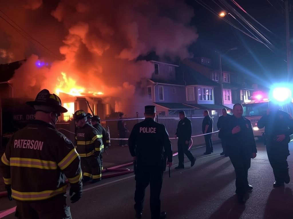 A nighttime scene of a residential fire in Paterson, New Jersey. In the foreground, Paterson firefighters battle the blaze, their faces illuminated by the flickering flames. Billowing smoke and flickering lights create a dramatic atmosphere. In the middle ground, police officers cordon off the area, directing onlookers and securing the scene. The background is dimly lit, with the silhouettes of nearby buildings and the glow of emergency vehicle lights. The overall mood is one of urgency, chaos, and the challenges faced by first responders in this high-stakes situation.