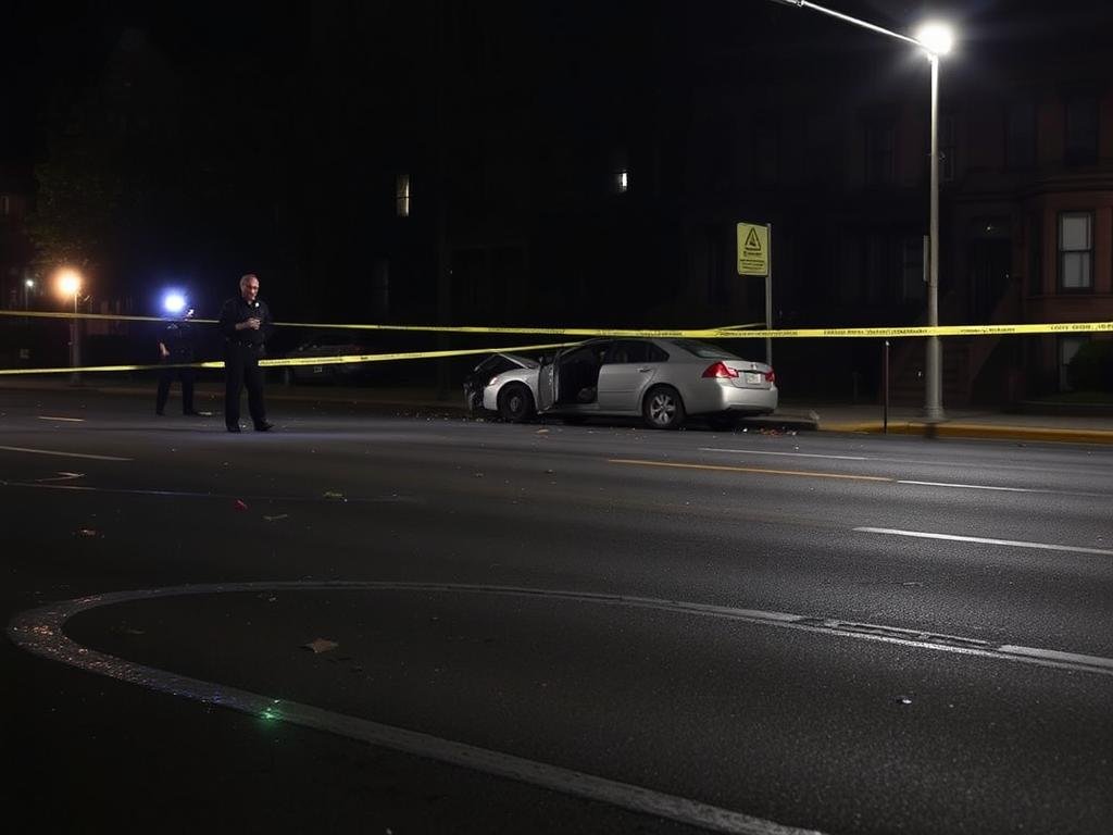 A nighttime scene on Ocean Parkway, Brooklyn, captured through the lens of a crime scene investigation. In the foreground, skid marks and scattered debris mark the site of a tragic accident. Police officers carefully document the scene, their flashlights casting an eerie glow over the dark pavement. In the middle ground, a wrecked vehicle sits silently, its crumpled frame a silent witness to the events that unfolded. The background is shrouded in the shadows of the surrounding brownstones, their dim lights adding to the somber atmosphere. The image conveys a sense of solemnity and the gravity of the investigation, as authorities work to piece together the events that led to this devastating outcome.