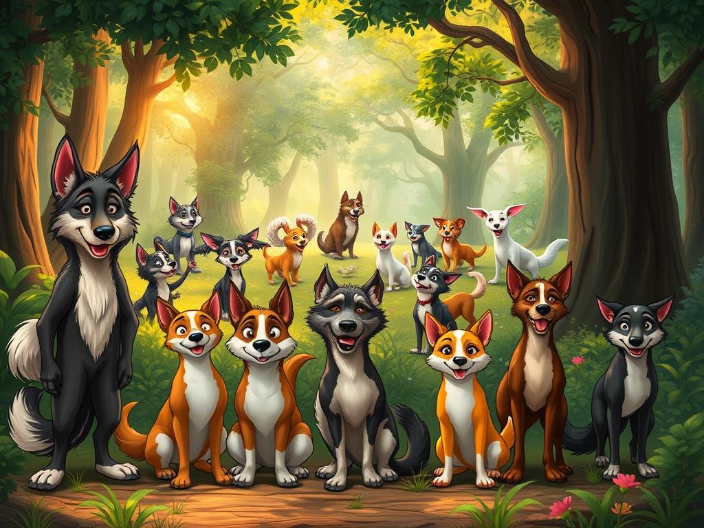 A pack of whimsical, anthropomorphic canines in a lush, vibrant forest setting. In the foreground, the "Goofus Canis" family - a father, mother, and their pups - stand upright, their canine features blended with human-like expressions and mannerisms. The middle ground reveals a diverse array of the Goofus Canis species, each with unique markings and personalities, engaged in playful activities. The background showcases a dreamlike, enchanted woodland, with warm, golden lighting filtering through the verdant foliage. The overall scene conveys a sense of familial bonds, camaraderie, and the fantastical nature of this unique canine species.
