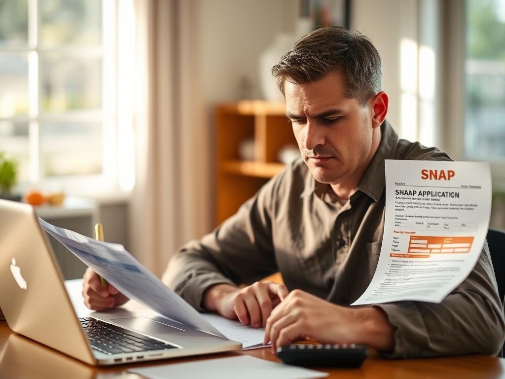 A person sitting at a desk, reviewing documents and filling out a SNAP application form, with a laptop, pen, and calculator visible. The room is well-lit, with soft, natural lighting filtering through a window, casting a warm, serene atmosphere. The individual appears focused, brow slightly furrowed, as they navigate the process of applying for SNAP benefits. The background is slightly blurred, but hints at a cozy, domestic setting, suggesting the importance of maintaining household eligibility for the program.