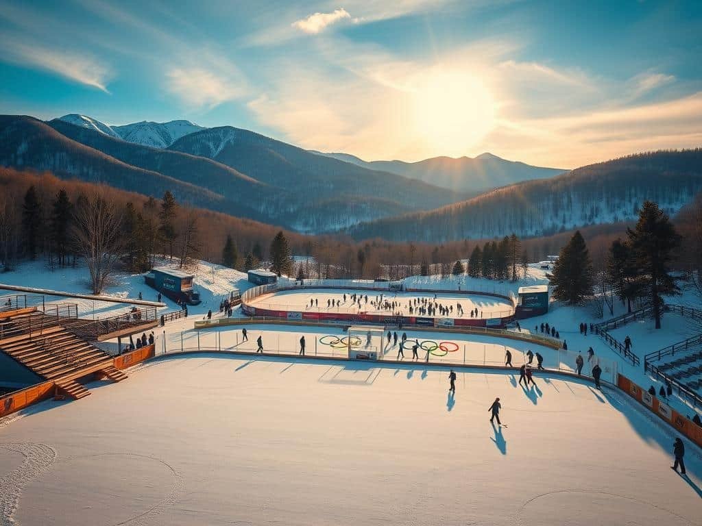 A picturesque winter scene depicting Lake Placid, capturing its Olympic legacy. In the foreground, highlight the iconic 1932 Olympic rink, with vintage sports equipment and a simple wooden grandstand, emphasizing its historical significance. In the middle ground, showcase the 1980 Miracle on Ice hockey rink, bustling with excitement, featuring athletes in professional winter sports gear, symbolizing triumph and teamwork. The background reveals the majestic Adirondack Mountains, dusted with snow under a crisp blue sky, with soft, warm sunlight illuminating the scene, creating a nostalgic atmosphere. The image should evoke a sense of history and pride, celebrating Lake Placid's dual Olympic heritage in a serene yet vibrant winter setting. Use a wide-angle lens for a sweeping view, capturing the depth and beauty of the landscape.