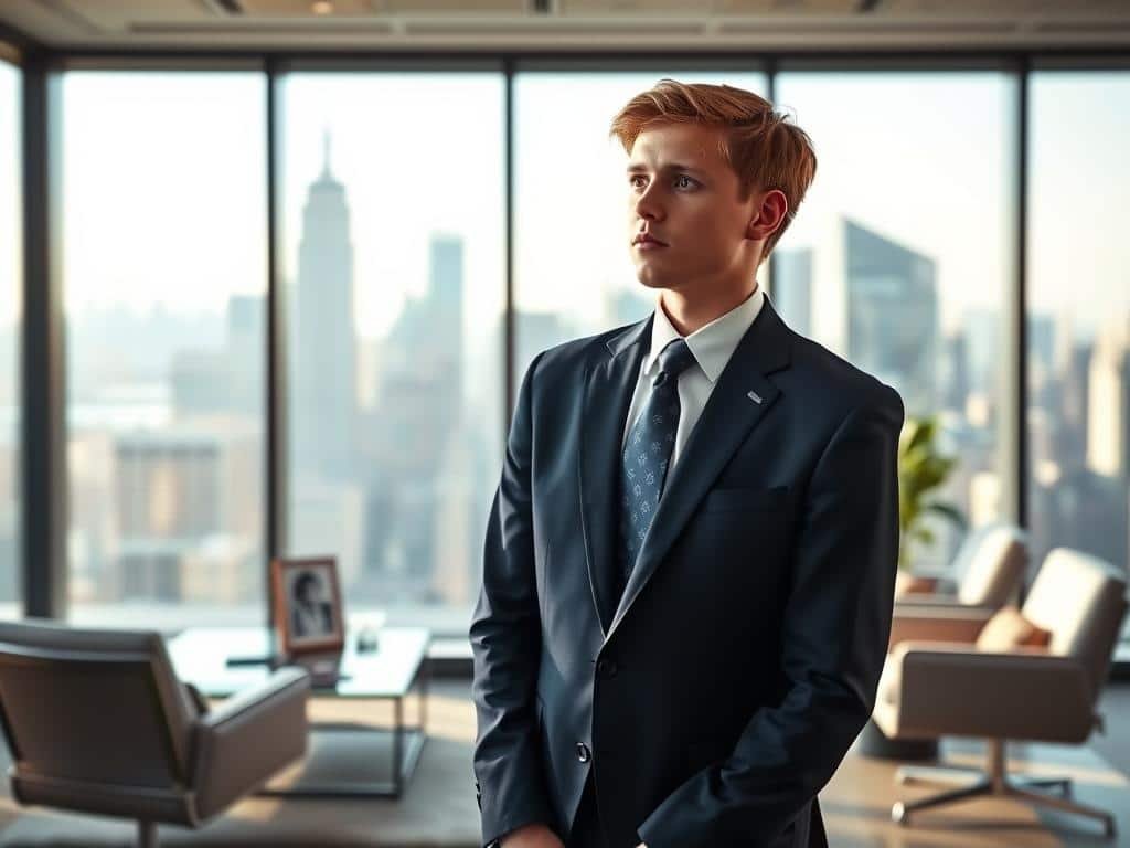 A portrait of Barron Trump, now a young man at 17 years old, standing confidently in a modern, bright office. He is wearing a sharp navy suit, complemented by a crisp white shirt and a subtle tie, reflecting a blend of professionalism and youth. In the foreground, he gazes thoughtfully out of a large window, the skyline of New York City visible behind him, symbolizing ambition and opportunity. The middle of the scene features sleek furniture and personal touches, like family photos on the desk, suggesting a blend of personal and professional life. The background is softly lit by natural sunlight, creating an optimistic, forward-looking atmosphere. The image should have a clean composition, medium depth of field to keep focus on Barron, highlighting his poised demeanor and the bright future ahead.