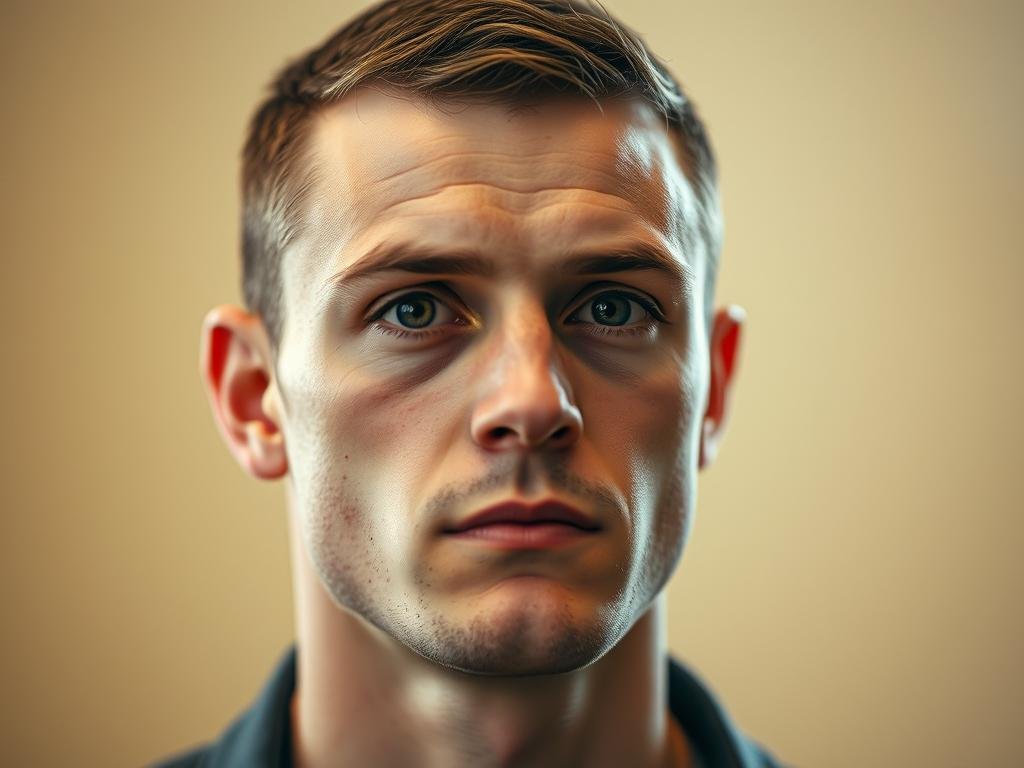 A portrait of Daniel Penny, a 24-year-old U.S. Marine veteran, in a warm, natural lighting with a medium close-up angle. His face is thoughtful and somber, his eyes focused yet introspective. The background is softly blurred, suggesting a minimal, neutral setting that does not distract from the subject. The overall mood is one of quiet reflection, conveying a sense of the man behind the recent high-profile legal case.