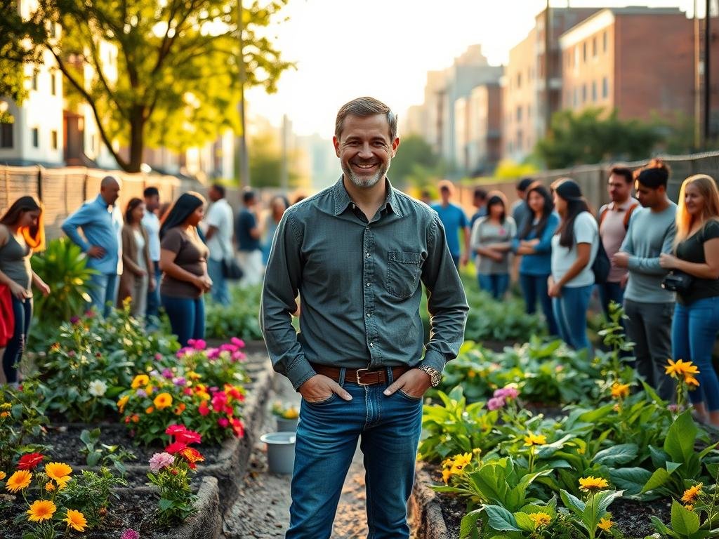 A portrait of activist Ryan Carson standing confidently in a vibrant community garden. He is dressed in a smart, casual outfit, featuring a button-up shirt and jeans, reflecting his approachable personality. In the foreground, Ryan is surrounded by a diverse group of community members of various ages, all engaged in cooperation—planting, discussing, and laughing together. In the middle ground, colorful flowers and greenery symbolize growth and unity, while the background features a bustling urban neighborhood, with buildings and trees framing the scene. The lighting is warm and inviting, suggesting a late afternoon sun casting golden hues, creating a hopeful and positive atmosphere that emphasizes connection and community impact. Capture the image using a slightly elevated angle to convey inclusiveness and warmth.