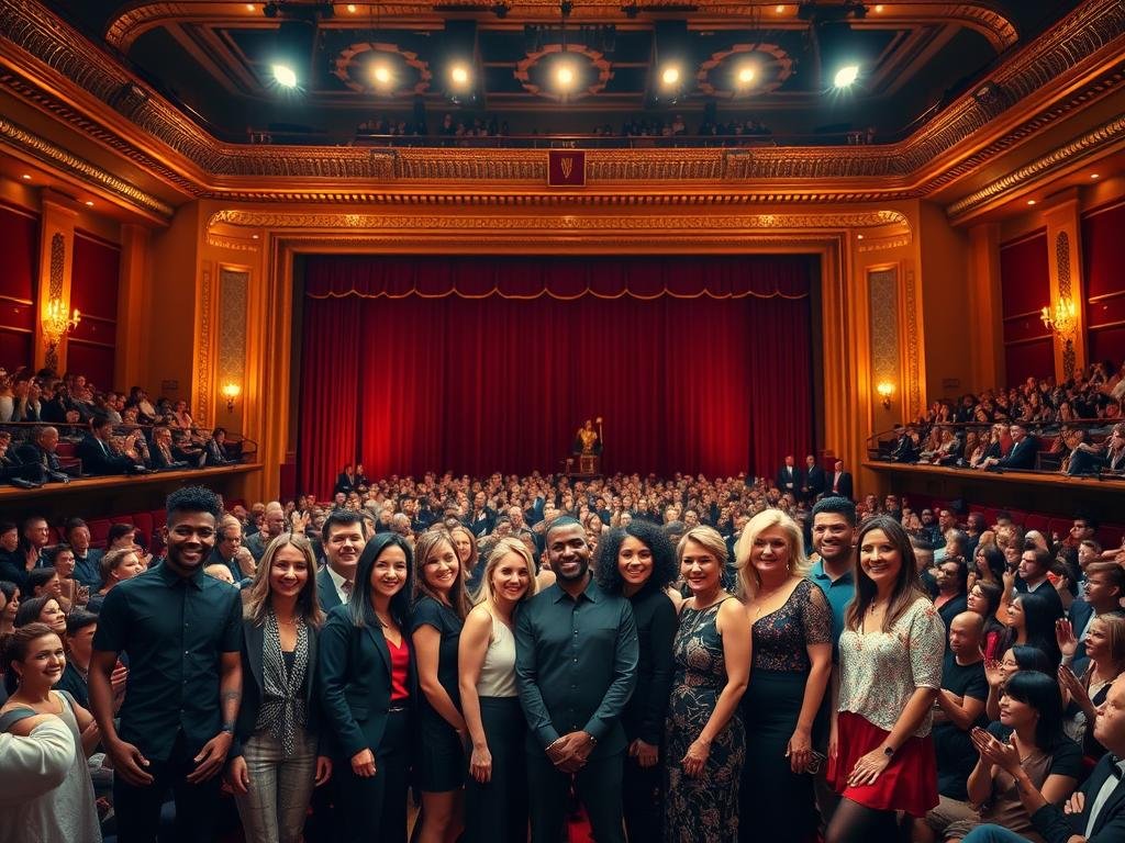 A prestigious awards ceremony takes place in a grand concert hall, bathed in warm, golden lighting. The stage is elegantly adorned with plush red curtains and shimmering spotlights. In the foreground, a diverse group of talented musicians and artists stand proudly, having been recognized for their exceptional contributions to the industry. Their faces reflect a mix of humility, pride, and excitement, as they bask in the well-deserved accolades. In the background, a sea of applauding audience members fills the auditorium, their enthusiastic cheers and thunderous ovations underscoring the significance of this momentous occasion. The atmosphere is one of celebration, honor, and the recognition of artistic excellence.