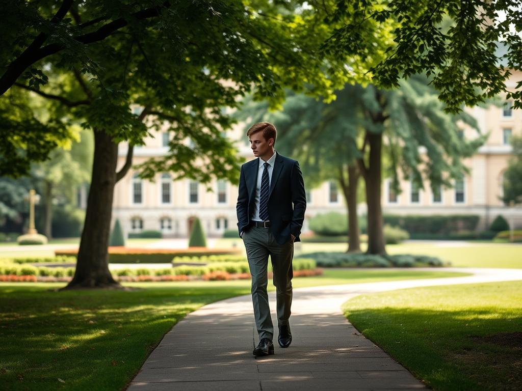 A private school campus, its classical architecture bathed in soft, diffused natural lighting. In the foreground, a well-dressed young man, Barron Trump, walks thoughtfully along a tree-lined path, his expression serene and focused. The middle ground reveals picturesque gardens and manicured lawns, a tranquil setting that conveys a sense of academic distinction. In the background, the campus buildings stand tall, their timeless design a testament to the institution's prestige and history. The overall scene evokes a subtle, understated elegance, reflecting Barron's low-key public profile and dedicated pursuit of his education.