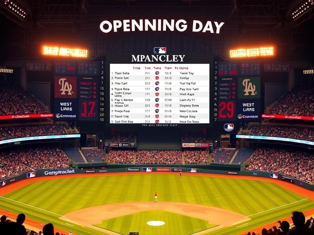 A professional baseball diamond at the start of the MLB Opening Day, with the complete schedule of March 27 matchups displayed on a large digital scoreboard. The scoreboard shows the team names, game times, and probable starting pitchers for each matchup in a clean, organized layout. The field is lit with warm, golden stadium lighting, creating a sense of anticipation and excitement. The grandstands are filled with cheering fans, their silhouettes visible in the background. The overall atmosphere conveys the energy and pageantry of the start of the new baseball season.