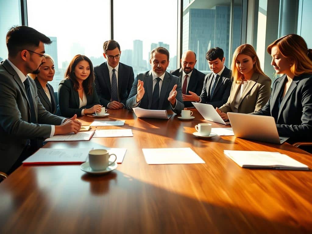 A professional legal team gathered in a modern conference room, representing diverse individuals in formal business attire, discussing strategies. Foreground shows a polished wooden table with legal documents, open laptops, and coffee cups. In the middle, a focused attorney gestures emphatically, while a colleague takes notes. Background features large windows with natural light streaming in, showcasing a city skyline, symbolizing transparency. The atmosphere is serious yet collaborative, conveying determination and professionalism. Soft shadows enhance the mood, using a warm color palette to evoke trust and stability. The image should portray a sense of urgency and purpose, reflecting legal defense positioning. No text or logos present.