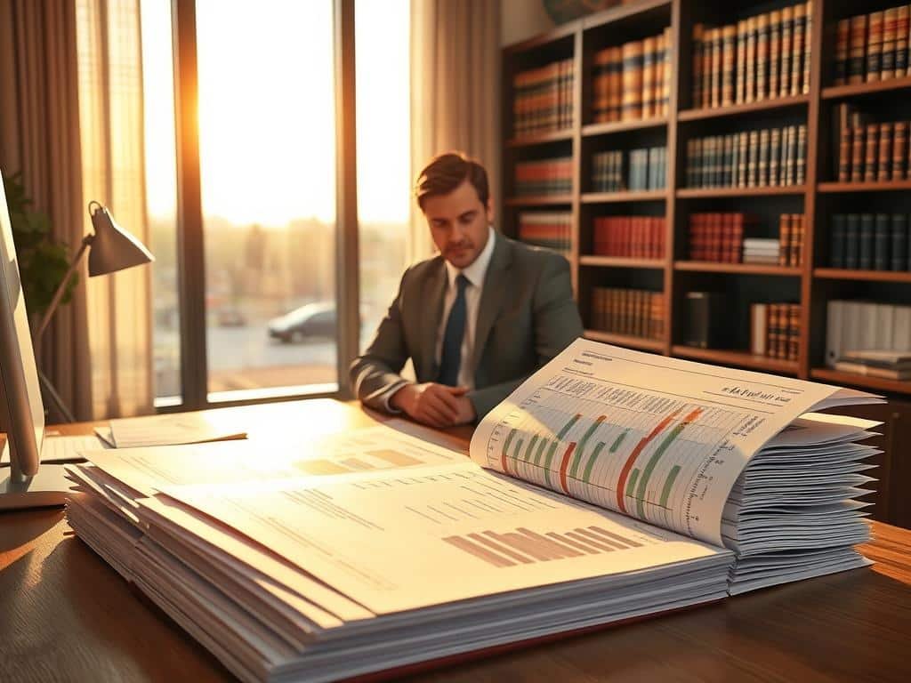 A professional setting focused on clarity and analysis. In the foreground, a meticulously organized desk features a stack of open files and charts summarizing findings, bathed in warm, inviting light. An analytical figure, dressed in business attire, examines the documents with a focused expression, embodying professionalism and integrity. The middle ground contains a large window revealing a serene outdoor view, symbolizing transparency and openness. In the background, a bookshelf filled with legal texts and reference materials represents knowledge and thorough investigation. The overall atmosphere is one of calm concentration, illuminating the importance of clarity and objective understanding over speculation, with soft shadows and natural light enhancing the setting.