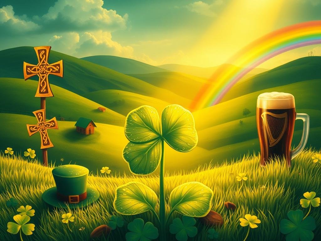 A richly detailed illustration depicting the origins and symbolism of St. Patrick's Day traditions. A verdant, lush landscape with rolling hills and a charming Irish countryside serves as the backdrop. In the foreground, a shamrock plant emerges, its leaves glistening with morning dew. Surrounding the shamrock are various iconic symbols - a Celtic cross, a leprechaun's hat, a pint of Guinness, and a rainbow arching across the sky. The lighting is warm and golden, casting a soft, mystical glow over the scene. The overall mood is one of reverence, tradition, and the enchanting magic of Irish heritage.