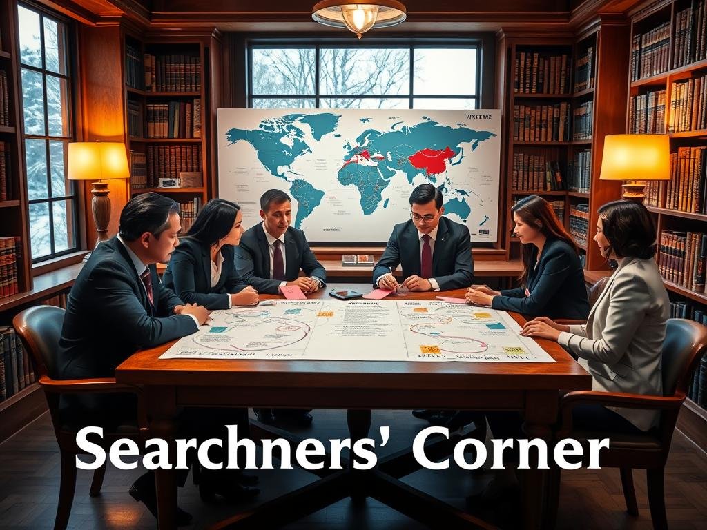 A serene and inviting scene titled "Searchers’ Corner". In the foreground, a diverse group of four people (two men and two women) in professional business attire, engaged in a discussion around a wooden table adorned with colorful notes and diagrams, symbolizing common questions and multilingual keywords. The middle ground features a large map of the world, displaying highlighted regions emphasizing winter solstice celebrations. The background fades into a cozy library setup with tall bookshelves filled with volumes related to astronomy and culture. Soft, warm lighting emanates from antique lamps, creating an atmosphere of collaboration and discovery, while a large window reveals a snowy landscape outside, accentuating the theme of winter. The image captures a sense of scholarly inquiry and community engagement.