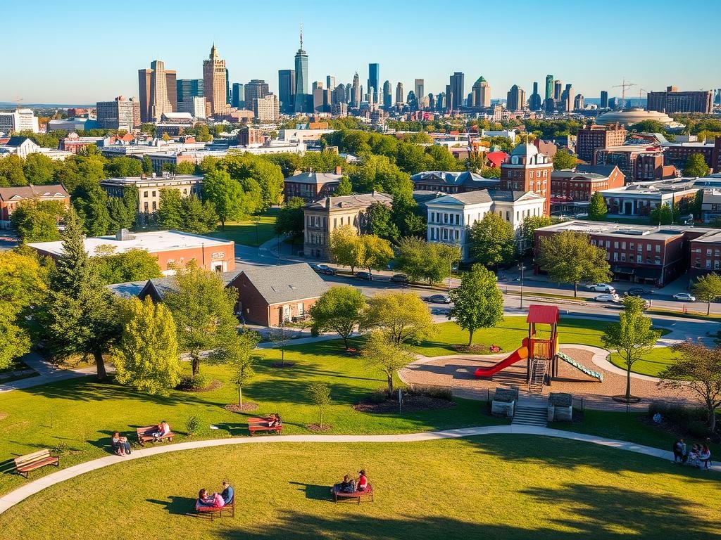 A serene cityscape of Yonkers, New York, bathed in warm afternoon light. In the foreground, a well-manicured public park with families enjoying picnics and children playing on modern, accessible playgrounds. In the middle ground, a bustling cultural district with art galleries, performance venues, and local shops, conveying a vibrant community spirit. The background features the city's skyline, including a mix of historic architecture and contemporary high-rises, all set against a clear, blue sky. The overall scene radiates a sense of safety, pride, and quality of life that the city of Yonkers is known for.