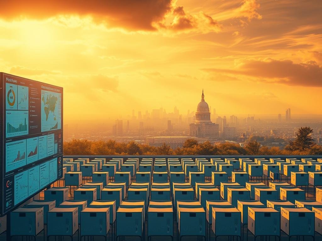 A serene, data-driven polling landscape unfolds, illuminated by warm, golden light filtering through wispy clouds. In the foreground, a cluster of digital displays showcases evolving voter trends, charts, and interactive maps. The middle ground features a grid of neatly organized poll booths, their simplistic design evoking a sense of civic duty. In the background, a panoramic view of the city skyline sets the stage, suggesting the broader context and significance of the electoral process. The overall mood is one of measured contemplation, inviting the viewer to engage with the nuanced data and unfolding narratives that shape the polling landscape.