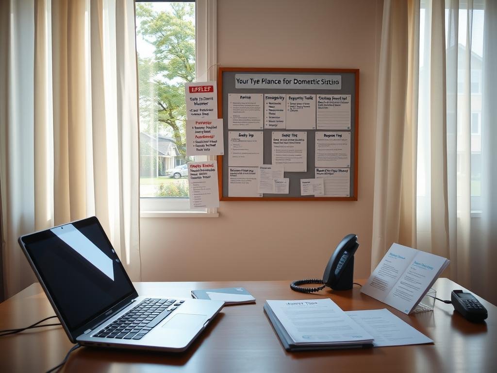 A serene home office scene, illuminated by soft natural lighting filtering through airy curtains. In the foreground, a desk displays a laptop, a telephone, and various safety planning resources - pamphlets, checklists, and helpline information. The middle ground features a bulletin board with emergency contact numbers, safety tips, and reporting tool instructions. In the background, a window overlooks a peaceful, tree-lined neighborhood, conveying a sense of security and support for parents navigating domestic situations. The overall mood is one of thoughtful preparation and empowerment.