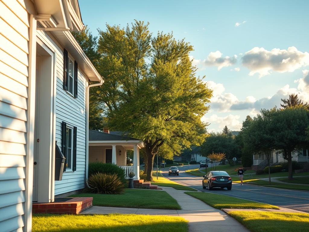 A serene, sun-dappled scene of a tranquil, suburban neighborhood. In the foreground, a well-kept two-story home, its white siding and manicured lawn radiating a sense of peace and normalcy. Through the open front door, a hint of movement, as if someone is just out of frame. The middle ground reveals a winding, tree-lined street, with parked cars and joggers in the distance, all bathed in the warm glow of golden-hour lighting. In the background, a clear blue sky, dotted with fluffy, white clouds. An air of mystery and unspoken questions lingers, hinting at the untold story within.