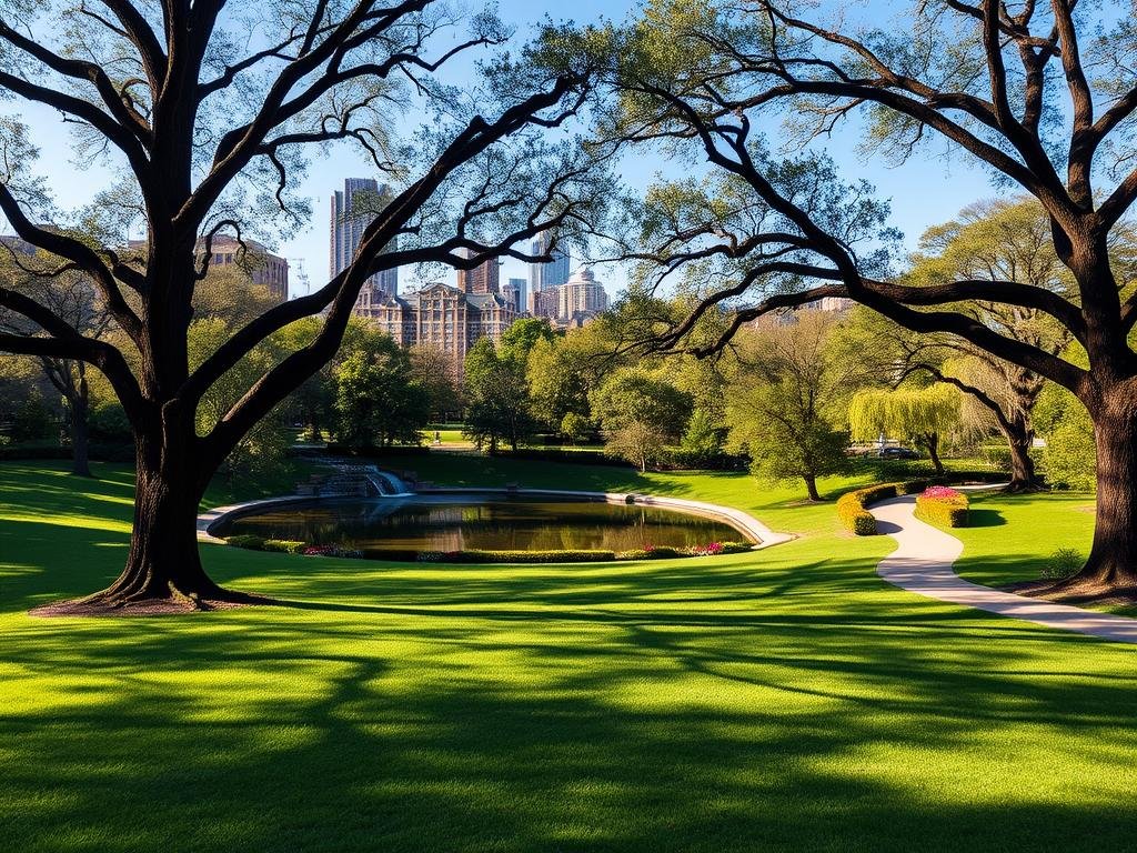 A serene urban park in the heart of the Bronx, Slattery Park is a lush oasis of tranquility. The foreground features a well-maintained grassy lawn dotted with towering oak trees, their branches casting dappled shadows across the ground. In the middle ground, a picturesque pond reflects the surrounding foliage and the clear, azure sky above. Along the park's perimeter, a winding path invites visitors to stroll and explore, flanked by neatly trimmed hedges and colorful flower beds. The background is dominated by the distinct architecture of the Bronx, with a mix of residential and commercial buildings rising up in the distance, their facades bathed in the warm, golden light of the afternoon sun. An atmosphere of peaceful tranquility pervades the scene, creating a serene and inviting urban oasis.