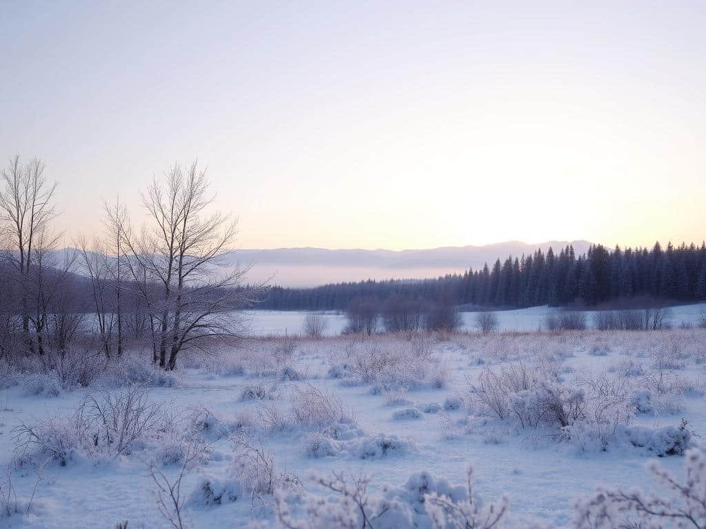A serene winter landscape at dawn, featuring a soft, pale blue sky gently illuminated by the first light of the day. In the foreground, a snow-covered meadow glistens with frost, dotted with delicate, bare trees that have shed their leaves. The middle ground shows a tranquil forest of evergreens, their branches heavy with snow. In the background, distant mountains rise majestically, shrouded in a haze of lavender and pink hues as the sun approaches the horizon. The scene captures the essence of the winter solstice, evoking a calm and reflective atmosphere, highlighting the contrast between the fading night and the promise of the day's light. Soft, diffused light creates a peaceful, magical ambiance, underscoring the stillness of the shortest day of the year.