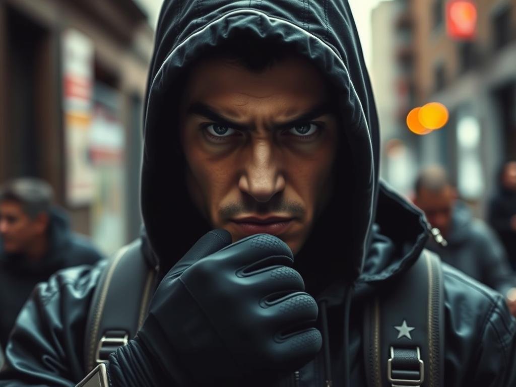 A sharp-featured individual in a dark hooded jacket, their face obscured by shadows. Close-up, high-contrast lighting highlights the suspect's piercing gaze and clenched jaw. In the foreground, a gloved hand grips the strap of a sturdy backpack, its contents concealed. The background is a blur of motion, evoking the chaotic urban setting. Overall, a tense, ominous atmosphere conveying a sense of the suspect's guarded, potentially dangerous nature.