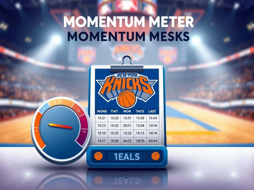 A sleek and modern digital illustration of a "Momentum Meter" showcasing the New York Knicks' NBA Cup wins and upcoming schedule. In the foreground, a stylized gauge displays vibrant elements representing wins and losses, with dynamic arrows indicating momentum changes. The middle section features a carefully arranged schedule clipboard with highlighted game dates against a backdrop of the Knicks’ logo, symbolizing team spirit. The background includes a blurred basketball court scene, radiating energy and excitement, with soft arena lights illuminating the setting. The color palette centers around the Knicks' signature blue and orange, conveying optimism and determination. Capture the atmosphere of anticipation as fans look ahead to the Knicks' future games, with focus on clarity and professionalism in the design, no text or extraneous elements included.