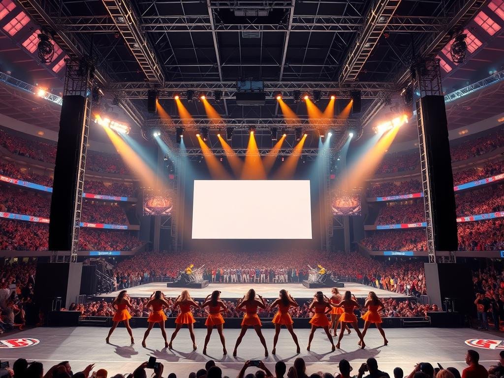 A sleek, high-tech stage with a large video screen as the centerpiece, surrounded by dynamic lighting fixtures and towering speakers. In the foreground, a group of dancers in vibrant, coordinated costumes perform a choreographed routine, their movements in perfect sync with the pulsing music. The background features a panoramic view of the bustling stadium, filled with cheering fans eagerly anticipating the start of the halftime show. The lighting is warm and energetic, creating an atmosphere of excitement and anticipation. The overall composition conveys the energy, grandeur, and spectacle of a world-class halftime performance.