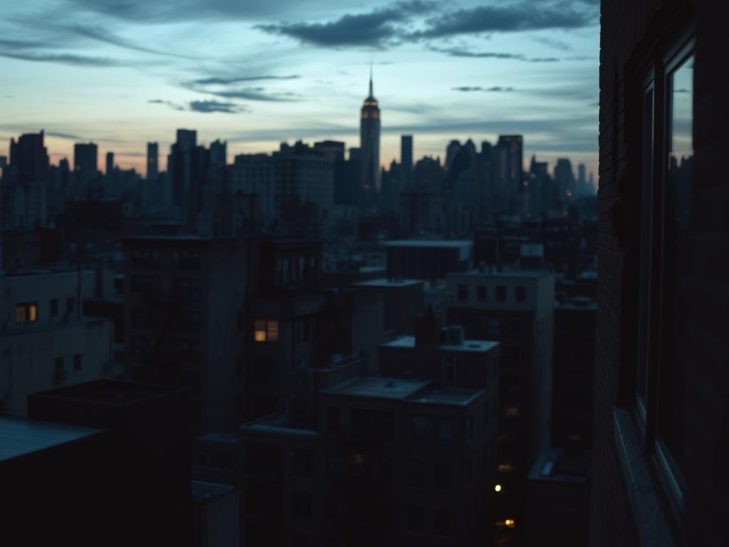 A somber cityscape at dusk, the iconic skyline of New York City looming in the distance. In the foreground, a modest apartment building, its facade weathered by time, casting long shadows across a dimly lit street. A solitary figure, a woman, stands at a window, her face obscured, her gaze lost in contemplation. The scene is imbued with a sense of melancholy, a quiet reminder of the enduring human stories that unfold within the bustling metropolis. Cinematic lighting and a shallow depth of field lend an air of wistfulness to this longstanding example of a domestic situation in the heart of the city.