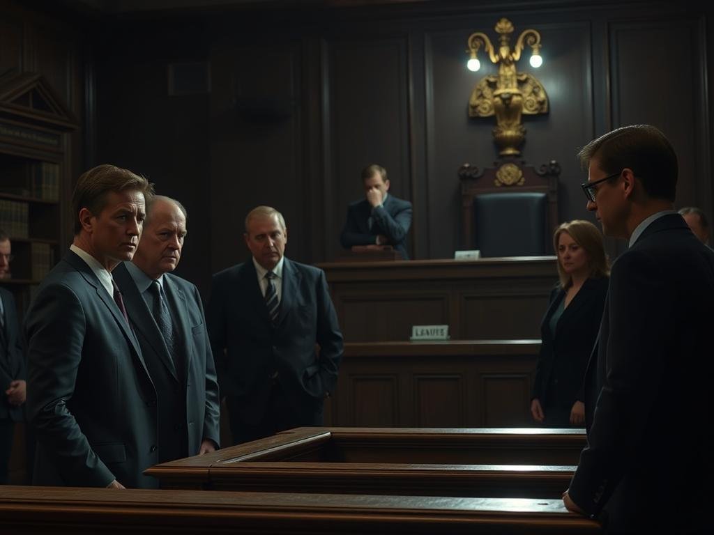 A somber courtroom scene, dim lighting casting shadows on the solemn faces of legal professionals. In the foreground, a witness stand, illuminated by a single spotlight, taking testimony. Detectives and lawyers in deep discussion, their expressions reflecting the gravity of the case. In the background, the judge's bench, ornate and imposing, a symbol of the wheels of justice turning. The air thick with tension, the weight of the legal proceedings palpable. A scene that captures the aftermath of a tragic event, the quest for justice and closure unfolding.